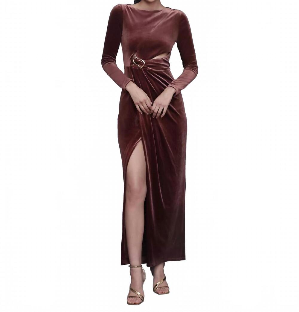 NEW AVEC LES FILLES velvet cutout drape maxi dress in chocolate brown